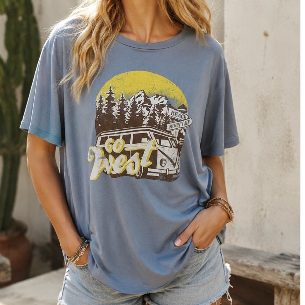 Polagram Go West Graphic Tee XL Slate Blue Pima Cotton Retro Van T Shirt Relaxed